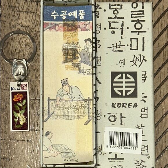 Silver Tone Korean Mask Keychain with Flower 🌺 Tag In Box 🗃️ engraved back Korea - Picture 7 of 17